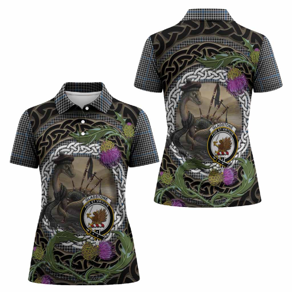 Gladstone (Gladstanes) Tartan Crest Bagpipe Nessie Women Polo Shirt Scottish Loch Ness Monster Celtic Thistle