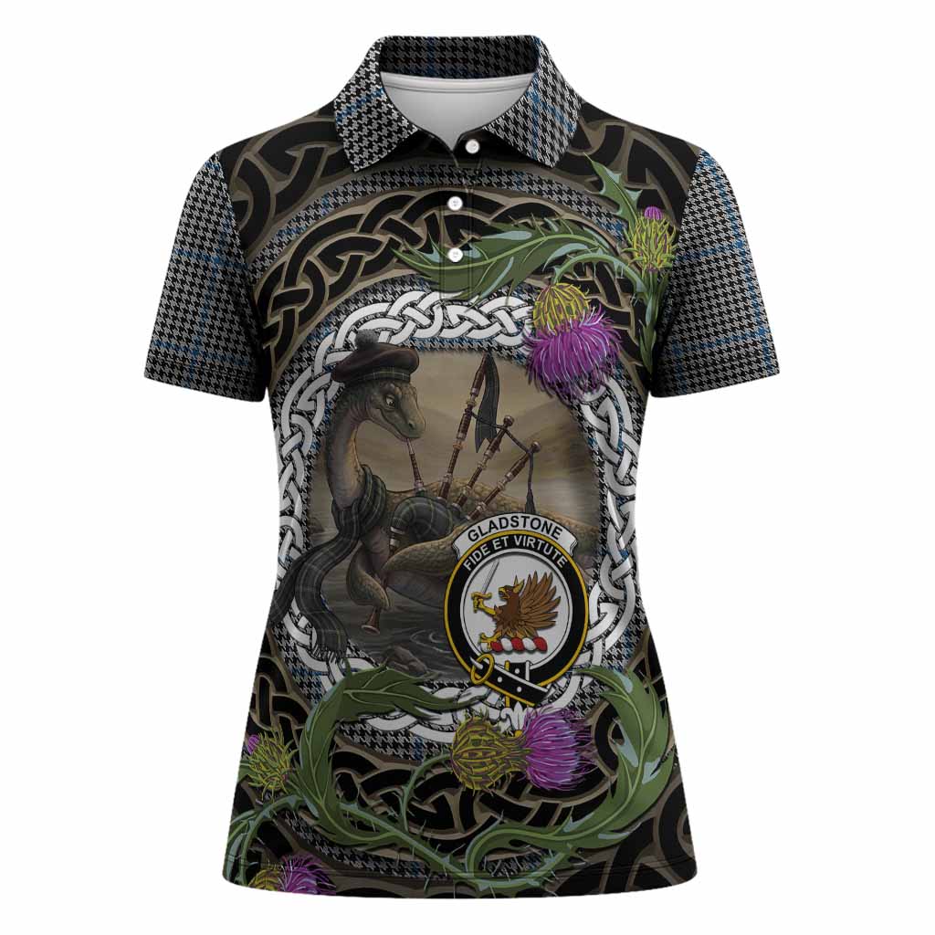 Gladstone (Gladstanes) Tartan Crest Bagpipe Nessie Women Polo Shirt Scottish Loch Ness Monster Celtic Thistle