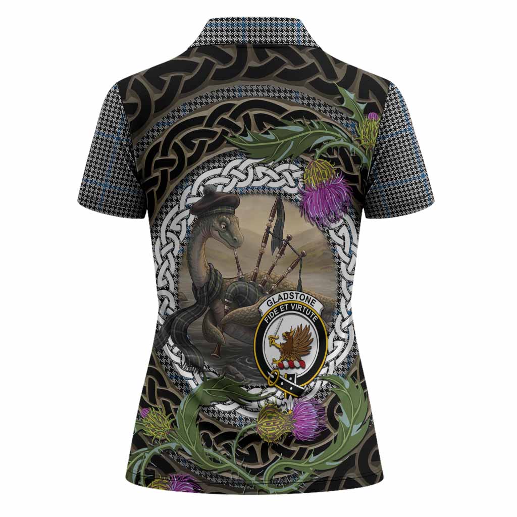 Gladstone (Gladstanes) Tartan Crest Bagpipe Nessie Women Polo Shirt Scottish Loch Ness Monster Celtic Thistle