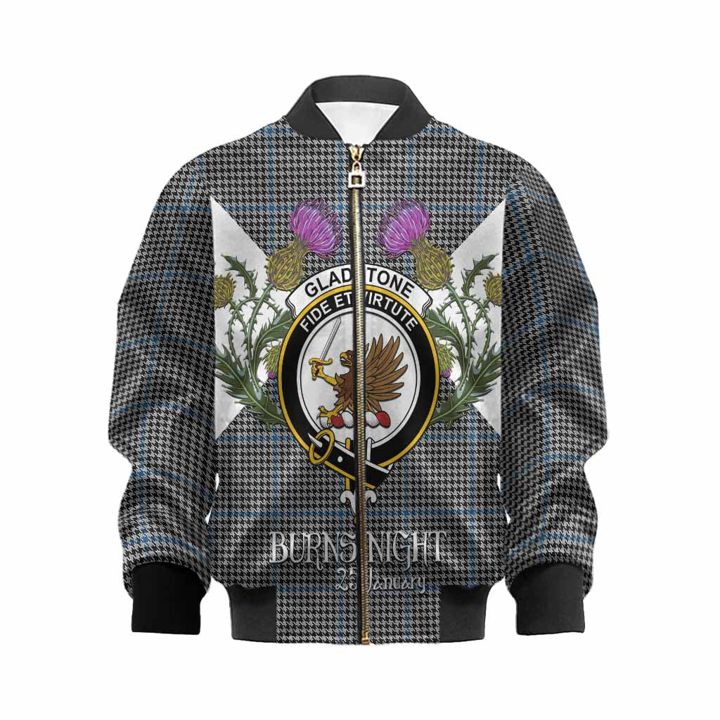 Gladstone (Gladstanes) Tartan Family Crest Kid Bomber Jacket Scottish Burns Night Thistle Floral