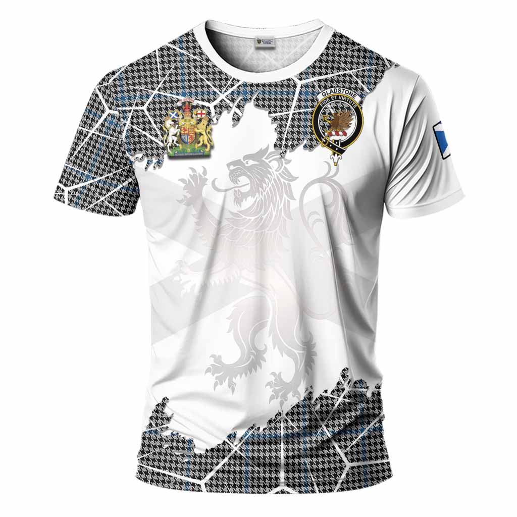 Gladstone (Gladstanes) Tartan T-Shirt with Family Crest and Lion Rampant Grunge Style