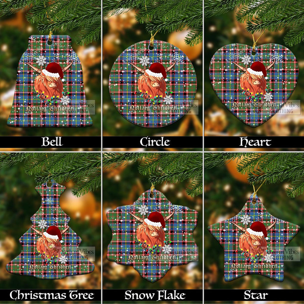 Glass Tartan Christmas Ceramic Ornaments with Twinkle Highland Cattle Ceramic - Tartan Vibes Clothing