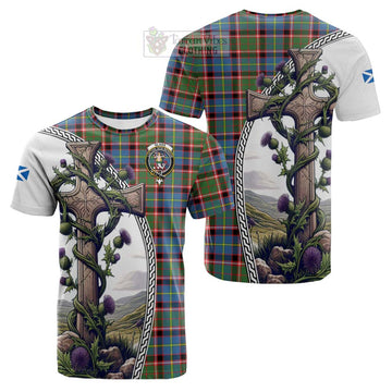 Glass Tartan Cotton T-shirt with Family Crest and St. Andrew's Cross Accented by Thistle Vines