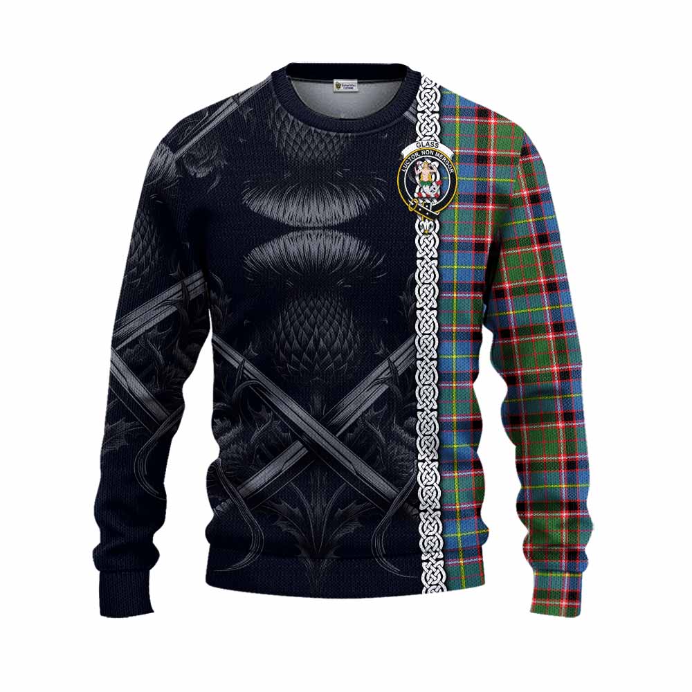 Glass Tartan Knitted Sweater with Family Crest Cross Sword Thistle Celtic Vibes Unisex - Tartan Vibes Clothing