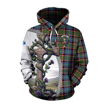 Glass Tartan Cotton Hoodie with Family Crest and St. Andrew's Cross Accented by Thistle Vines Pullover Hoodie XS - Tartan Vibes Clothing