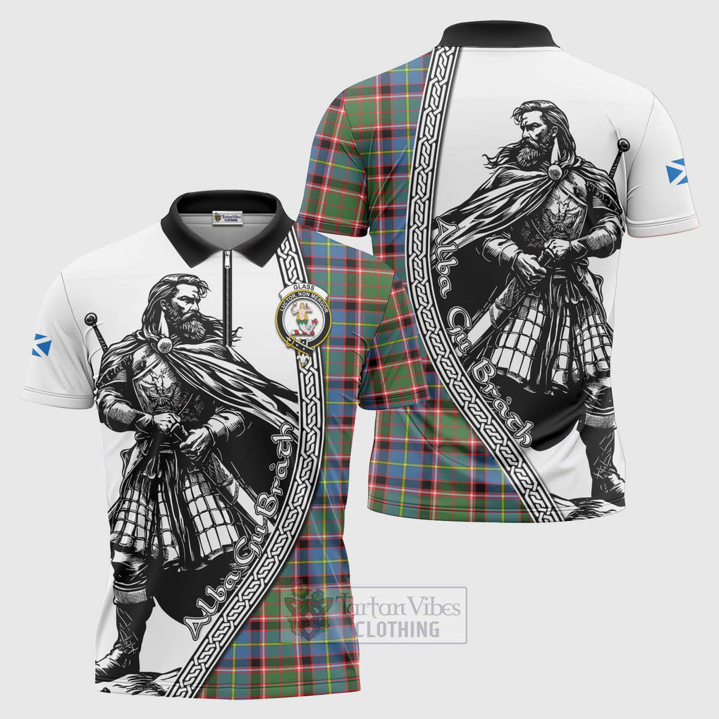 Glass Tartan Clan Crest Zipper Polo Shirt with Highlander Warrior Celtic Style Unisex - Tartan Vibes Clothing