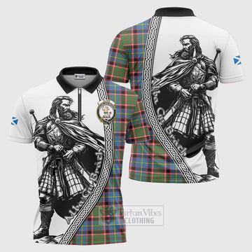 Glass Tartan Clan Crest Zipper Polo Shirt with Highlander Warrior Celtic Style Unisex - Tartan Vibes Clothing