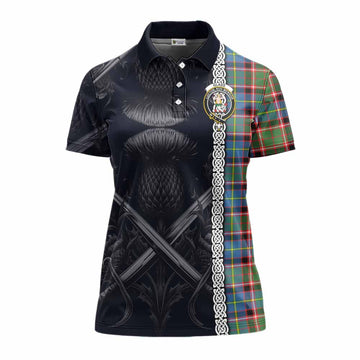 Glass Tartan Women's Polo Shirt with Family Crest Cross Sword Thistle Celtic Vibes Women - Tartan Vibes Clothing