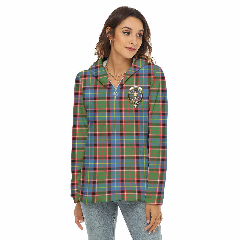 Glass Tartan Women's Borg Fleece Hoodie with Half Zip with Family Crest Female - Tartan Vibes Clothing