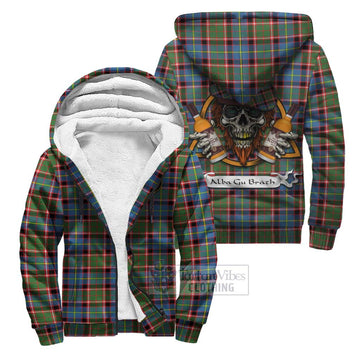 Glass Tartan Sherpa Hoodie with Family Crest and Bearded Skull Holding Bottles of Whiskey Unisex S - Tartan Vibes Clothing