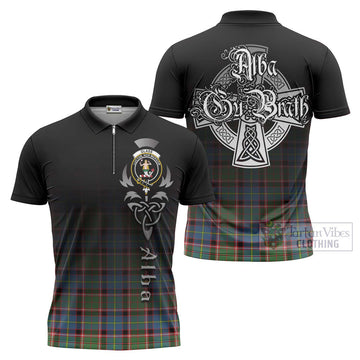 Tartan Vibes Clothing Glass Tartan Zipper Polo Shirt Featuring Alba Gu Brath Family Crest Celtic Inspired