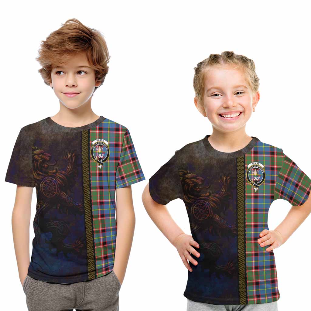 Tartan Vibes Clothing Glass Tartan Family Crest Kid T-Shirt Alba Gu Brath Be Brave Lion Ancient Style