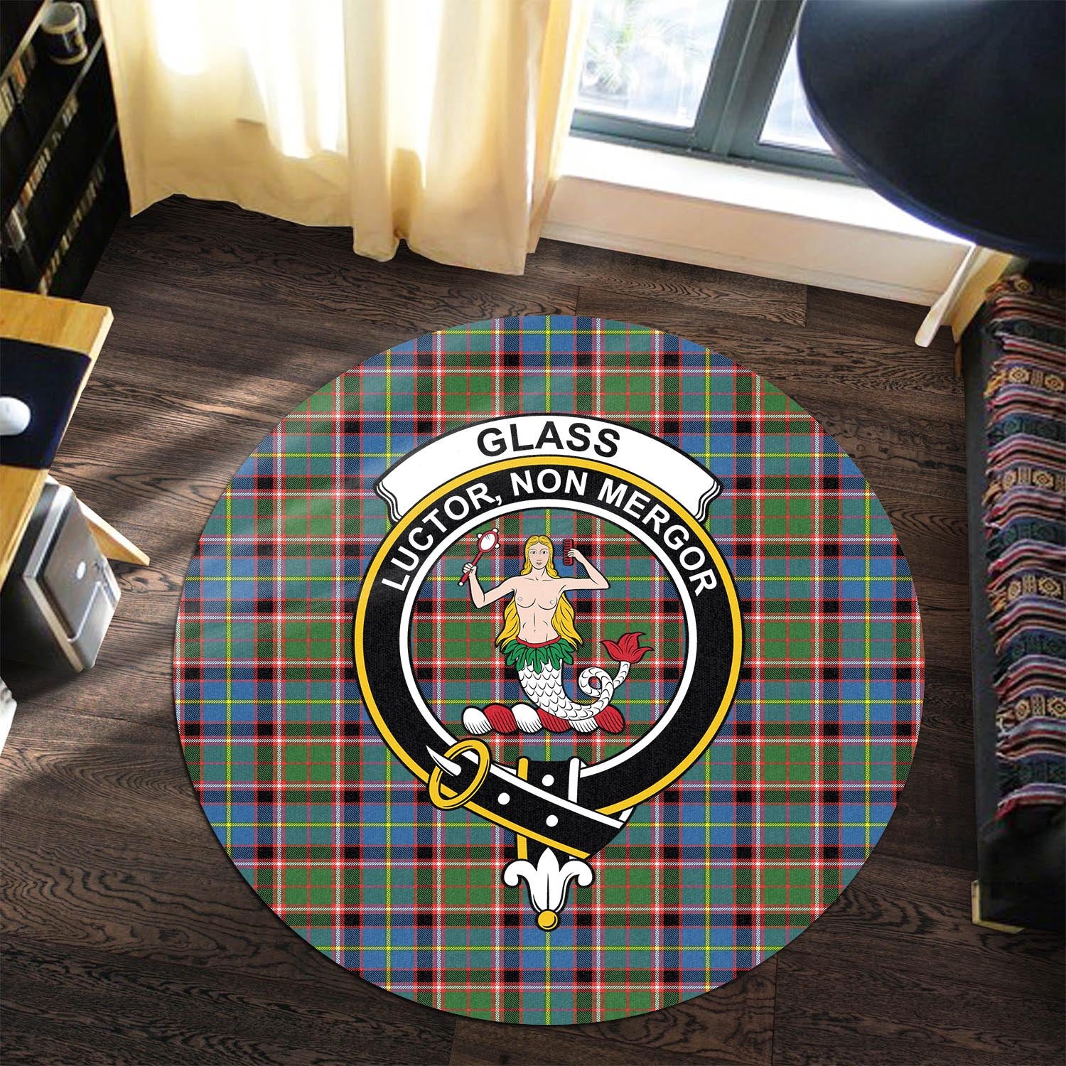 Glass Tartan Round Rug with Family Crest Premium Round Rug - Tartan Vibes Clothing