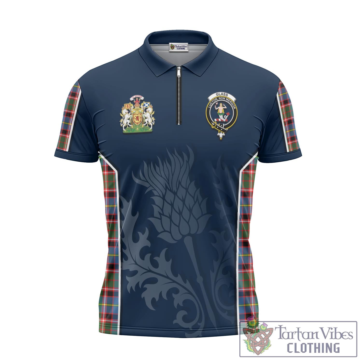 Tartan Vibes Clothing Glass Tartan Zipper Polo Shirt with Family Crest and Scottish Thistle Vibes Sport Style