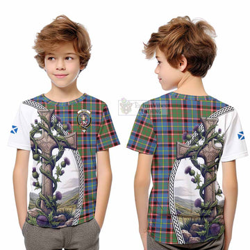 Glass Tartan Kid T-Shirt with Family Crest and St. Andrew's Cross Accented by Thistle Vines Youth XL Size14 - Tartan Vibes Clothing
