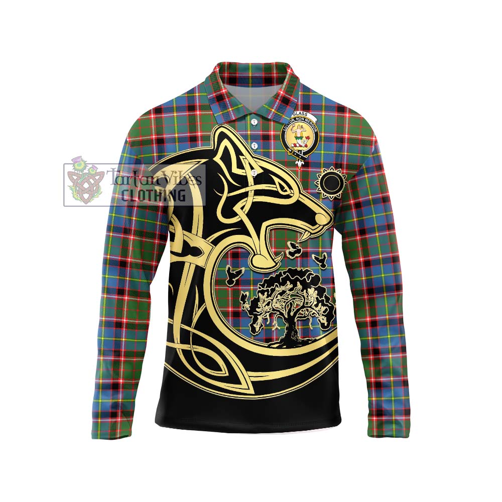 Glass Tartan Long Sleeve Polo Shirt with Family Crest Celtic Wolf Style Unisex - Tartan Vibes Clothing