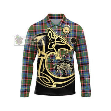 Glass Tartan Long Sleeve Polo Shirt with Family Crest Celtic Wolf Style Unisex - Tartan Vibes Clothing
