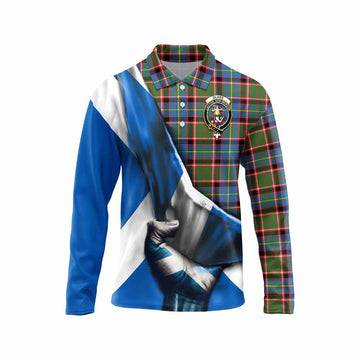 Tartan Vibes Clothing Glass Tartan Long Sleeve Polo Shirt with Family Crest Scotland Patriotic Style