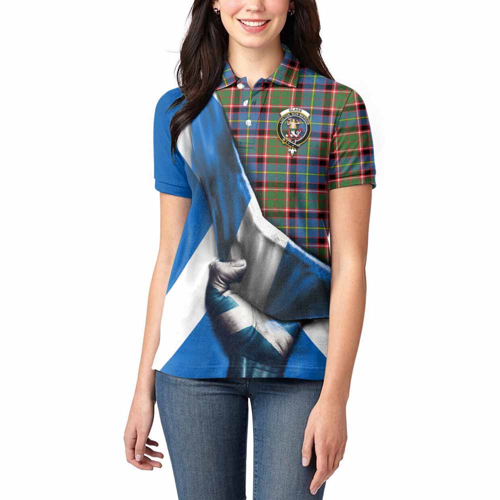 Tartan Vibes Clothing Glass Tartan Women's Polo Shirt with Family Crest Scotland Patriotic Style