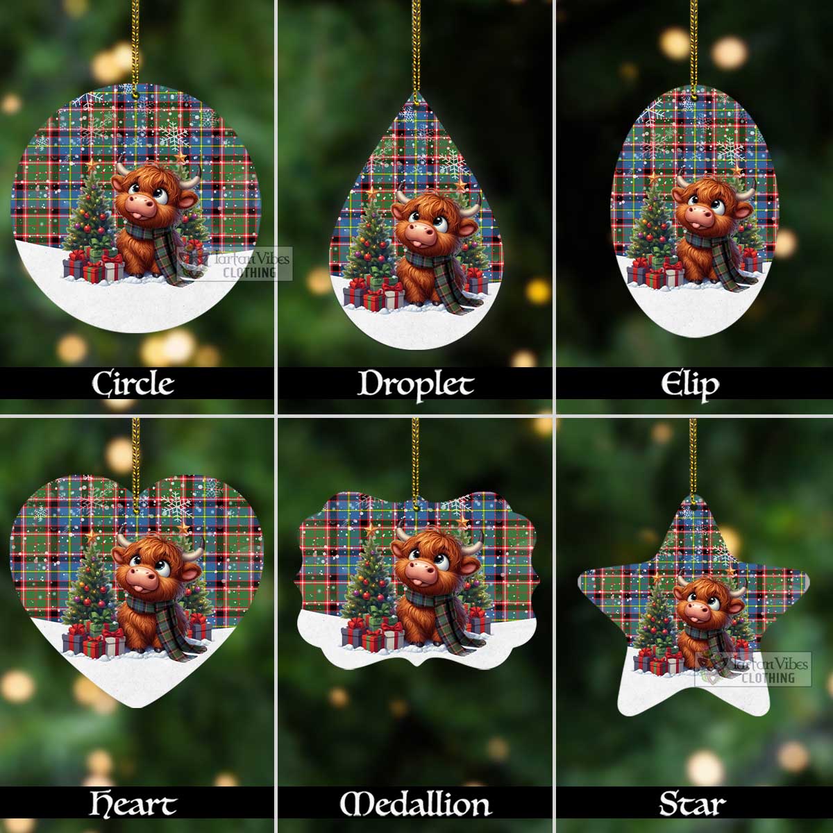 Glass Tartan Christmas Aluminium Ornament with Adorable Highland Coo Aluminium - Tartan Vibes Clothing