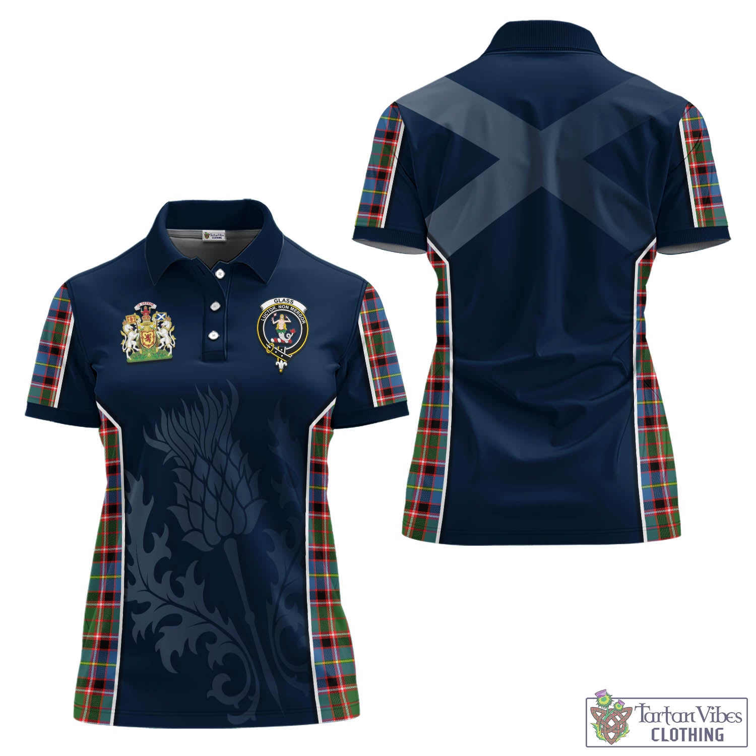 Tartan Vibes Clothing Glass Tartan Women's Polo Shirt with Family Crest and Scottish Thistle Vibes Sport Style