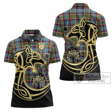 Glass Tartan Women's Polo Shirt with Family Crest Celtic Wolf Style Women - Tartan Vibes Clothing