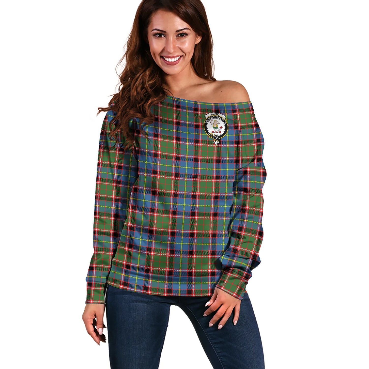 Glass Tartan Off Shoulder Women Sweater with Family Crest Women - Tartan Vibes Clothing