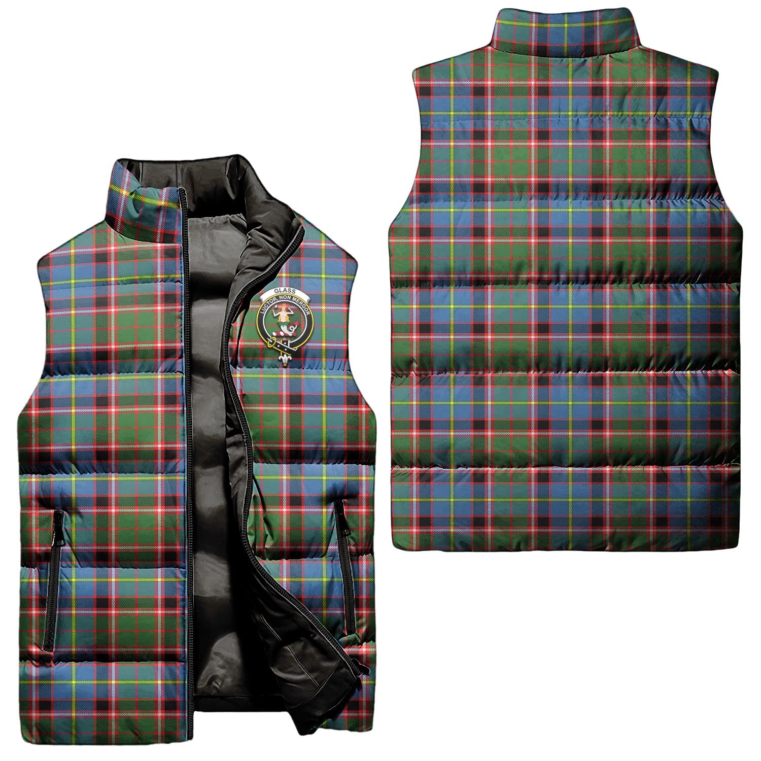 Glass Tartan Sleeveless Puffer Jacket with Family Crest Unisex - Tartan Vibes Clothing