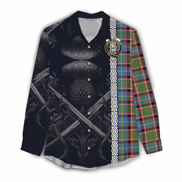 Glass Tartan Women's Casual Shirt with Family Crest Cross Sword Thistle Celtic Vibes Female - Tartan Vibes Clothing