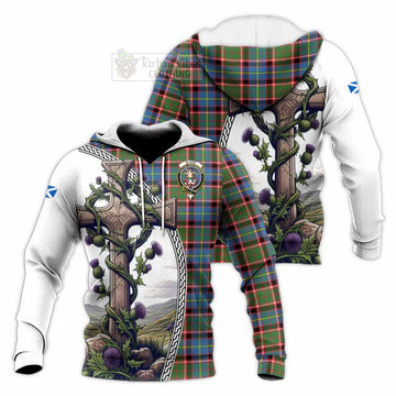 Glass Tartan Knitted Hoodie with Family Crest and St. Andrew's Cross Accented by Thistle Vines Unisex Knitted Pullover Hoodie - Tartan Vibes Clothing