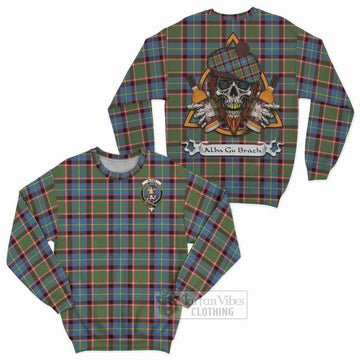 Glass Tartan Sweatshirt with Family Crest and Bearded Skull Holding Bottles of Whiskey Unisex - Tartan Vibes Clothing