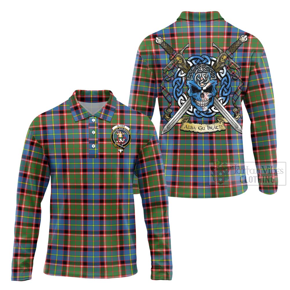 Glass Tartan Long Sleeve Polo Shirt with Family Crest Celtic Skull Style Unisex - Tartan Vibes Clothing
