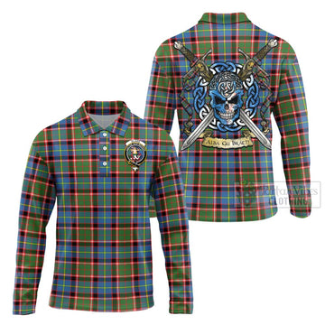 Glass Tartan Long Sleeve Polo Shirt with Family Crest Celtic Skull Style Unisex - Tartan Vibes Clothing