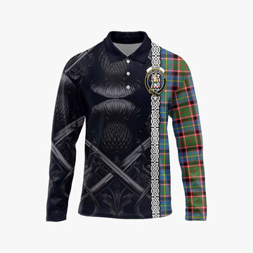 Glass Tartan Long Sleeve Polo Shirt with Family Crest Cross Sword Thistle Celtic Vibes Unisex - Tartan Vibes Clothing