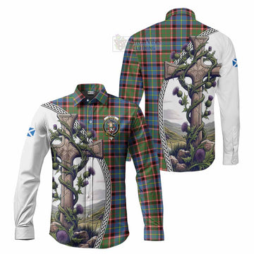 Glass Tartan Long Sleeve Button Shirt with Family Crest and St. Andrew's Cross Accented by Thistle Vines Men's Shirt S - Tartan Vibes Clothing