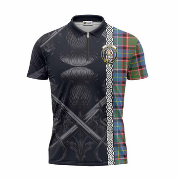 Glass Tartan Zipper Polo Shirt with Family Crest Cross Sword Thistle Celtic Vibes Unisex - Tartan Vibes Clothing