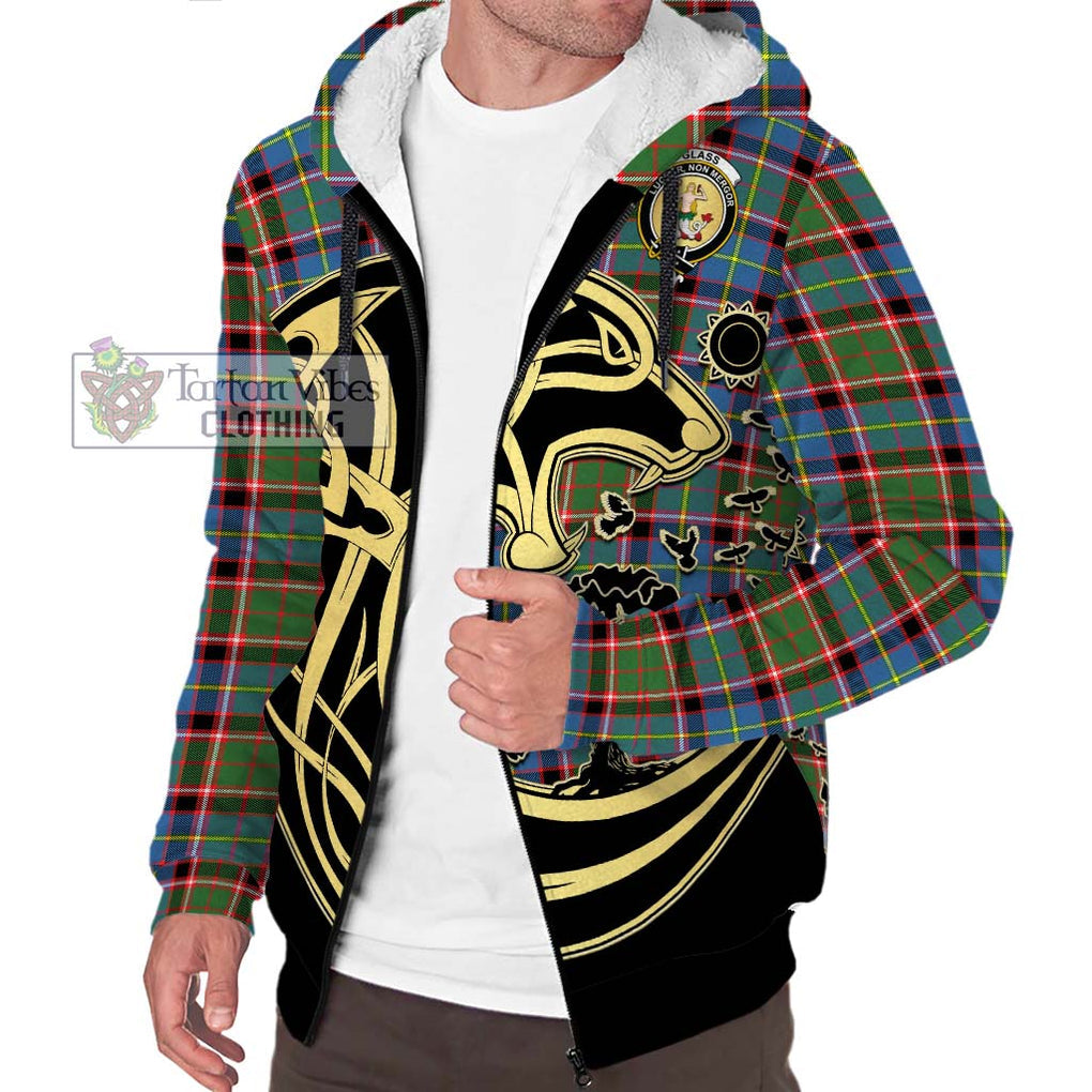 Glass Tartan Sherpa Hoodie with Family Crest Celtic Wolf Style Unisex S - Tartan Vibes Clothing