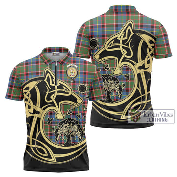 Glass Tartan Zipper Polo Shirt with Family Crest Celtic Wolf Style Unisex - Tartan Vibes Clothing