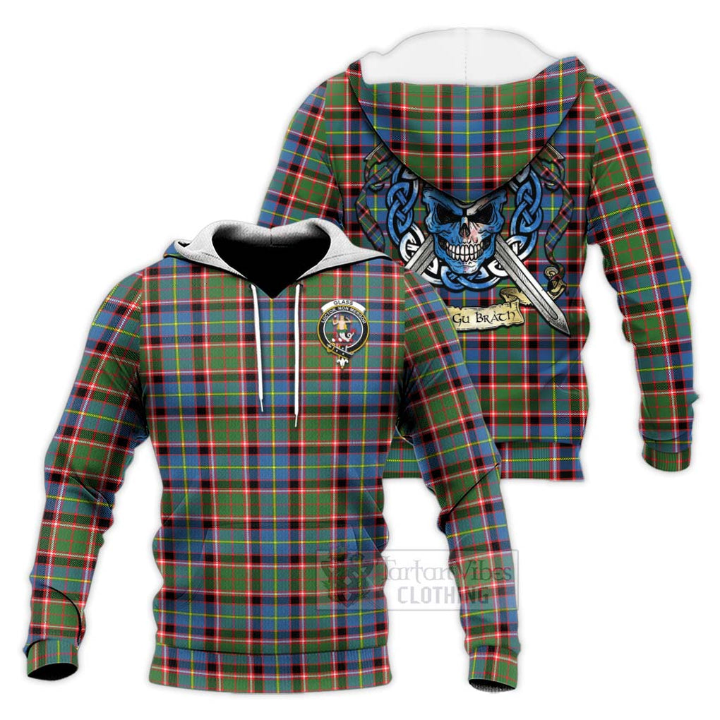 Glass Tartan Knitted Hoodie with Family Crest Celtic Skull Style Unisex Knitted Pullover Hoodie - Tartan Vibes Clothing
