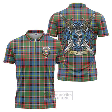 Glass Tartan Zipper Polo Shirt with Family Crest Celtic Skull Style Unisex - Tartan Vibes Clothing