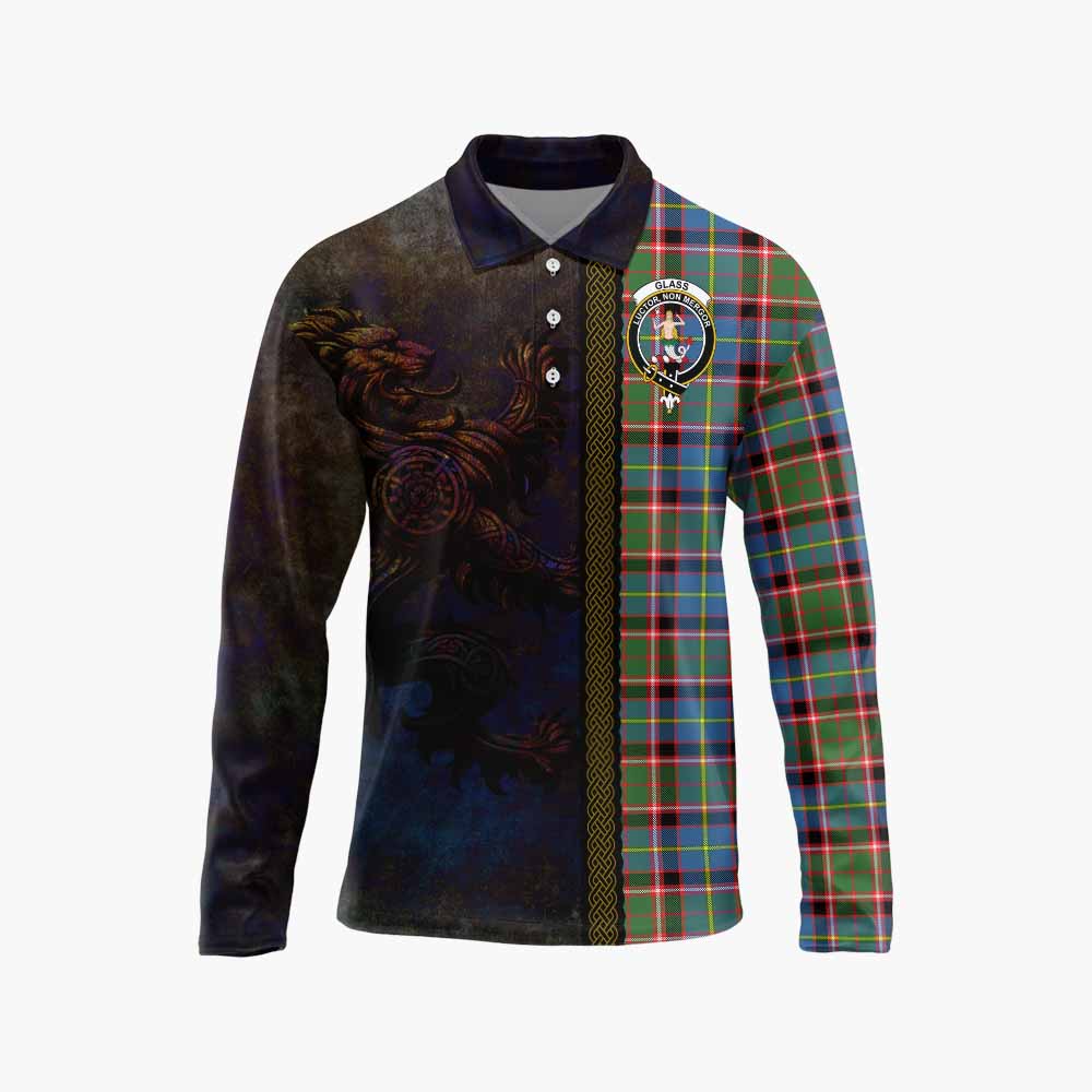 Tartan Vibes Clothing Glass Tartan Family Crest Long Sleeve Polo Shirt Alba Gu Brath Be Brave Lion Ancient Style
