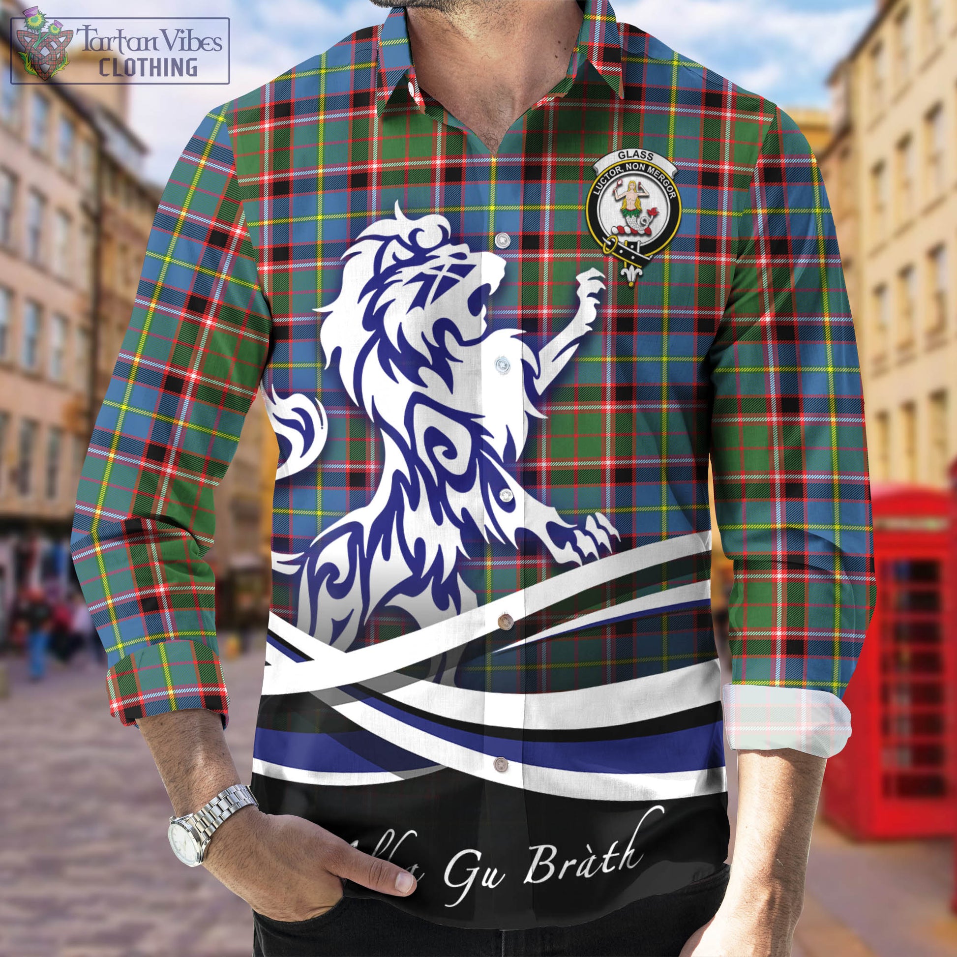 Glass Tartan Long Sleeve Button Up Shirt with Alba Gu Brath Regal Lion Emblem Men's Shirt - Tartan Vibes Clothing