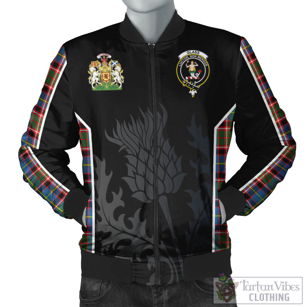 Glass Tartan Bomber Jacket with Family Crest and Scottish Thistle Vibes Sport Style Unisex Black - Tartan Vibes Clothing