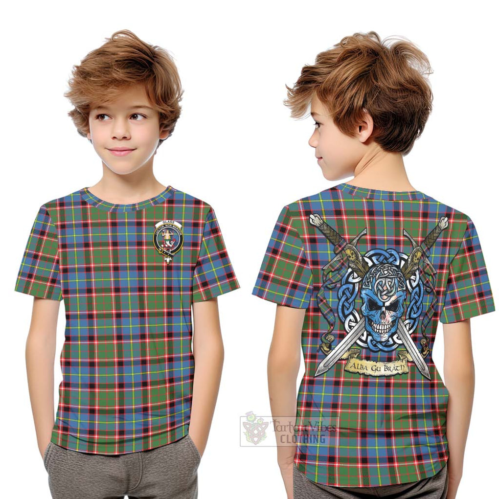 Glass Tartan Kid T-Shirt with Family Crest Celtic Skull Style Youth XL Size14 - Tartan Vibes Clothing