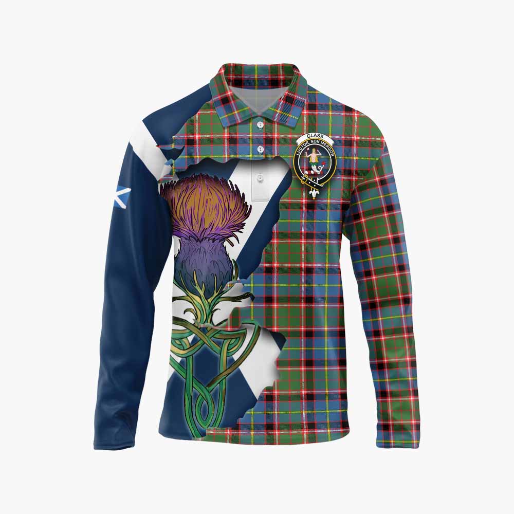 Glass Tartan Family Crest Long Sleeve Polo Shirt Scottish Thistle Celtic Inspired Unisex - Tartan Vibes Clothing