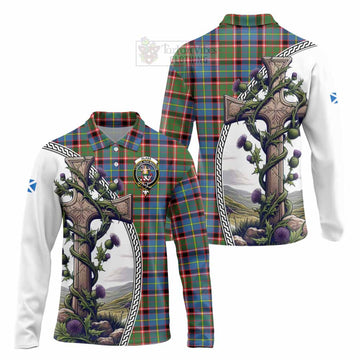 Glass Tartan Long Sleeve Polo Shirt with Family Crest and St. Andrew's Cross Accented by Thistle Vines Unisex - Tartan Vibes Clothing