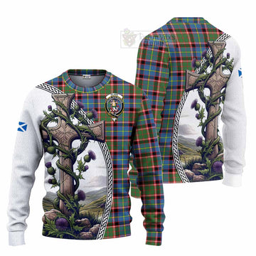 Glass Tartan Knitted Sweater with Family Crest and St. Andrew's Cross Accented by Thistle Vines Unisex - Tartan Vibes Clothing