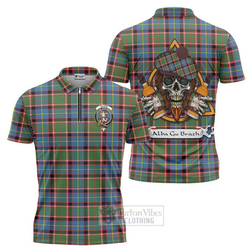 Glass Tartan Zipper Polo Shirt with Family Crest and Bearded Skull Holding Bottles of Whiskey Unisex - Tartan Vibes Clothing
