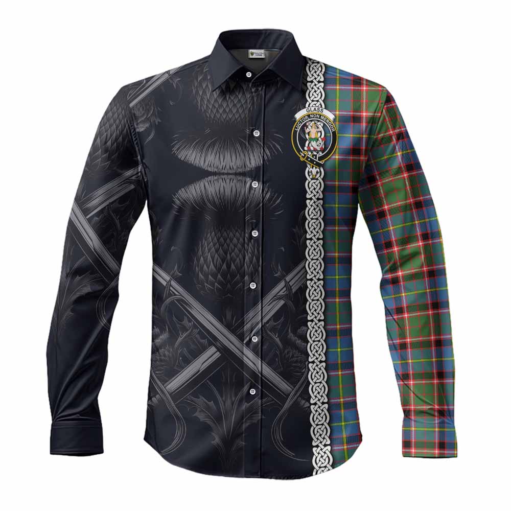 Tartan Vibes Clothing Glass Tartan Long Sleeve Button Shirt with Family Crest Cross Sword Thistle Celtic Vibes