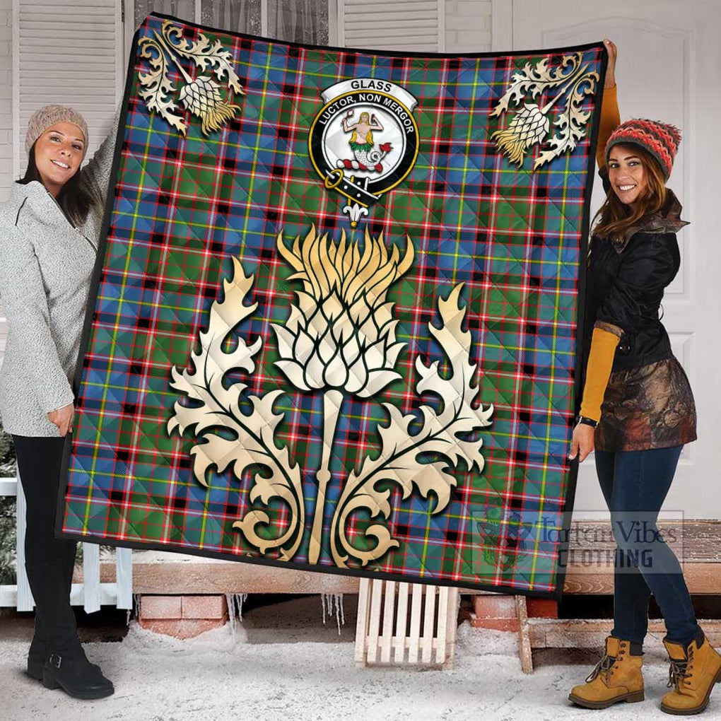 Tartan Vibes Clothing Glass Tartan Quilt with Family Crest and Golden Thistle Style
